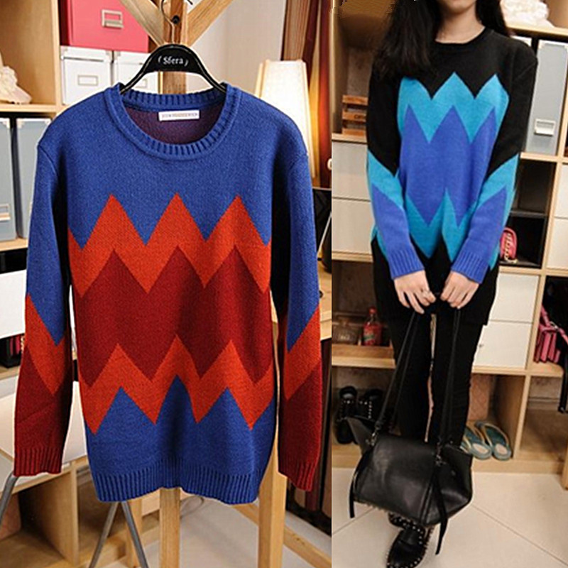 Autumn fashion geometric patterns graphic casual medium-long color block decoration thickening all-match pullover sweater female