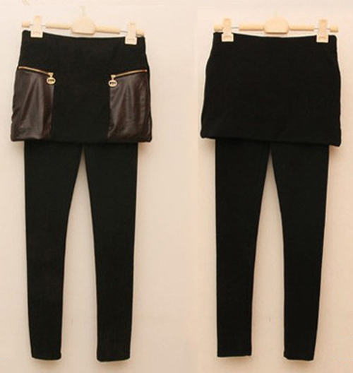 Autumn faux leather patchwork double zipper faux two piece basic skirt pants female trousers