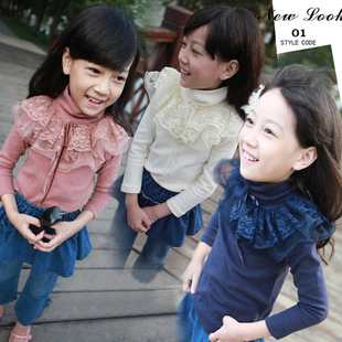 Autumn female child lacing stand collar princess laciness basic shirt