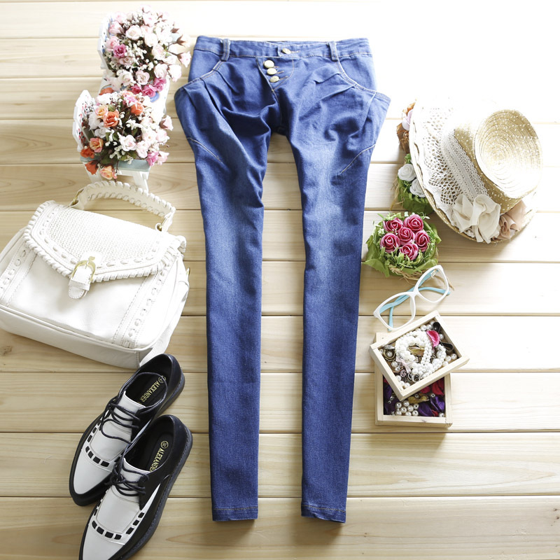 Autumn female metal buttons denim skinny pants elastic jeans pants trousers