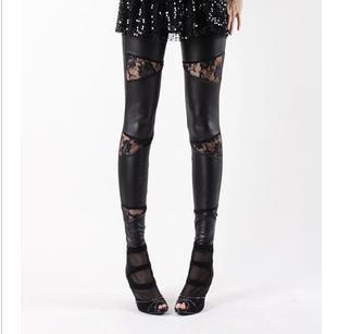 Autumn female personality fashion triangle lace faux leather patchwork legging +sexy pants