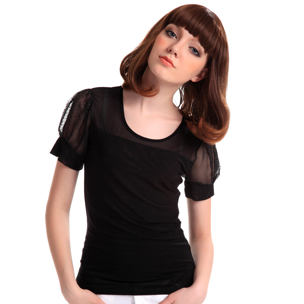 Autumn gauze top short-sleeve chiffon t-shirt OL outfit lace basic shirt t299