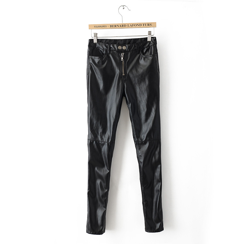 Autumn high quality mid waist PU leather pants trousers