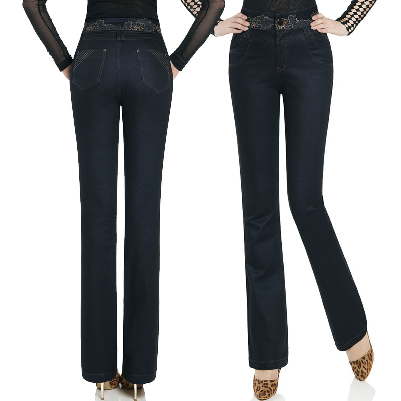 Autumn high waist embroidery jeans female slim flare trousers mm plus size casual trousers