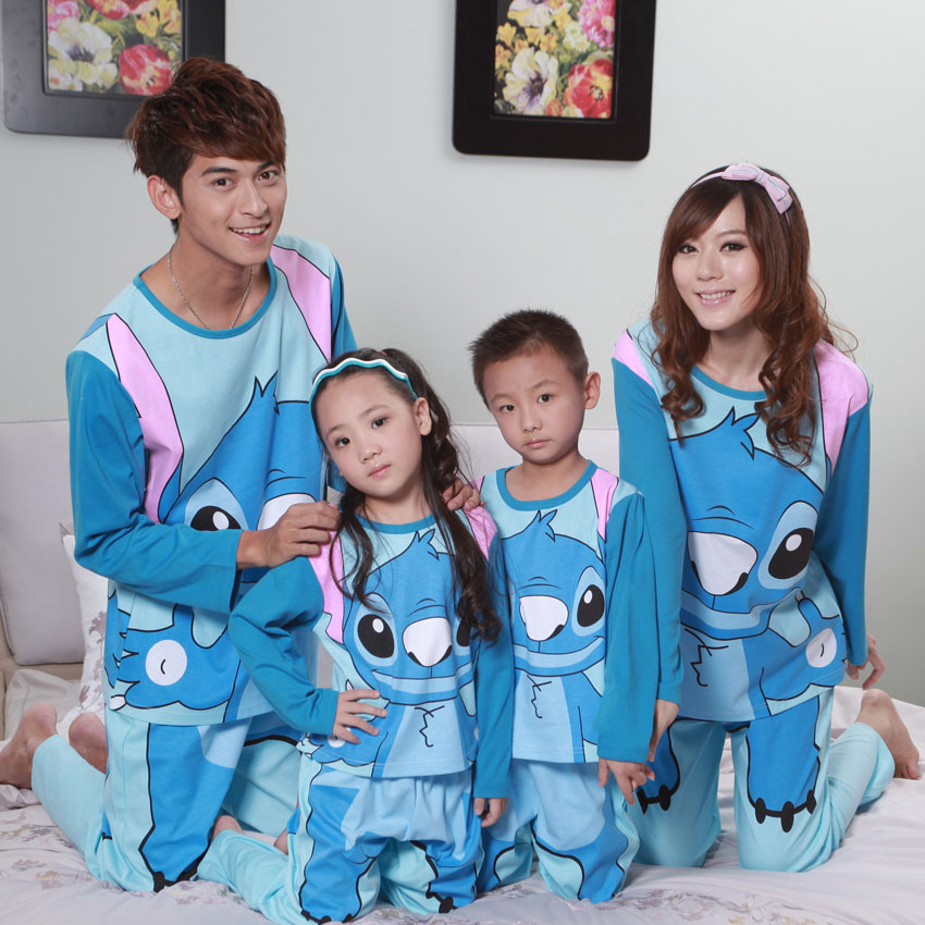 Autumn knitted cotton long-sleeve cartoon stitch sleepwear lovers set parent-child sleepwear family pack lounge