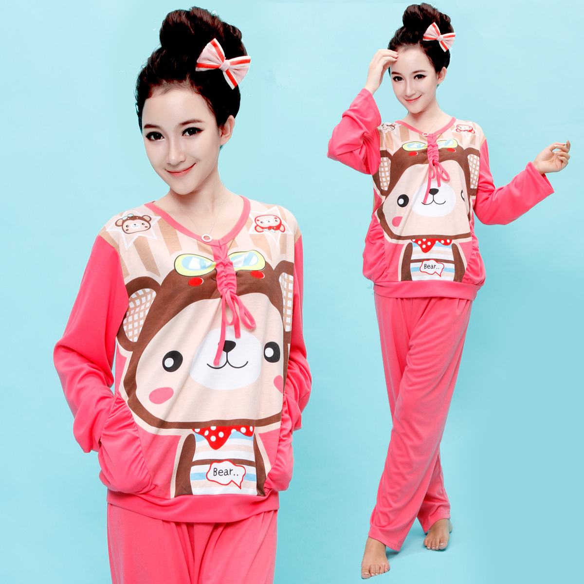 Autumn knitted cotton long-sleeve women's sleepwear set lounge female sleepwear at home service