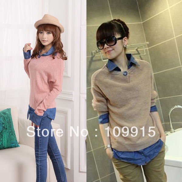 Autumn Korea Style Loose Long Sleeve 2 Pieces Women Sweater Knit Shirt HR458