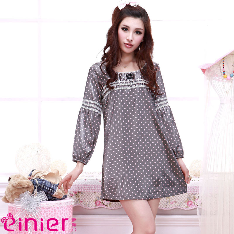 Autumn lace polka dot long-sleeve Women lounge one piece nightgown 811c186 illusion