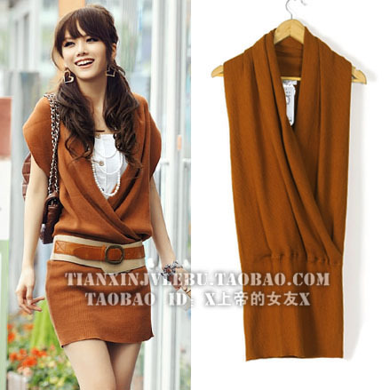 Autumn ladies gentlewomen cross V-neck slim long design sweater pullover vest slim hip sweater one-piece dress (X god)