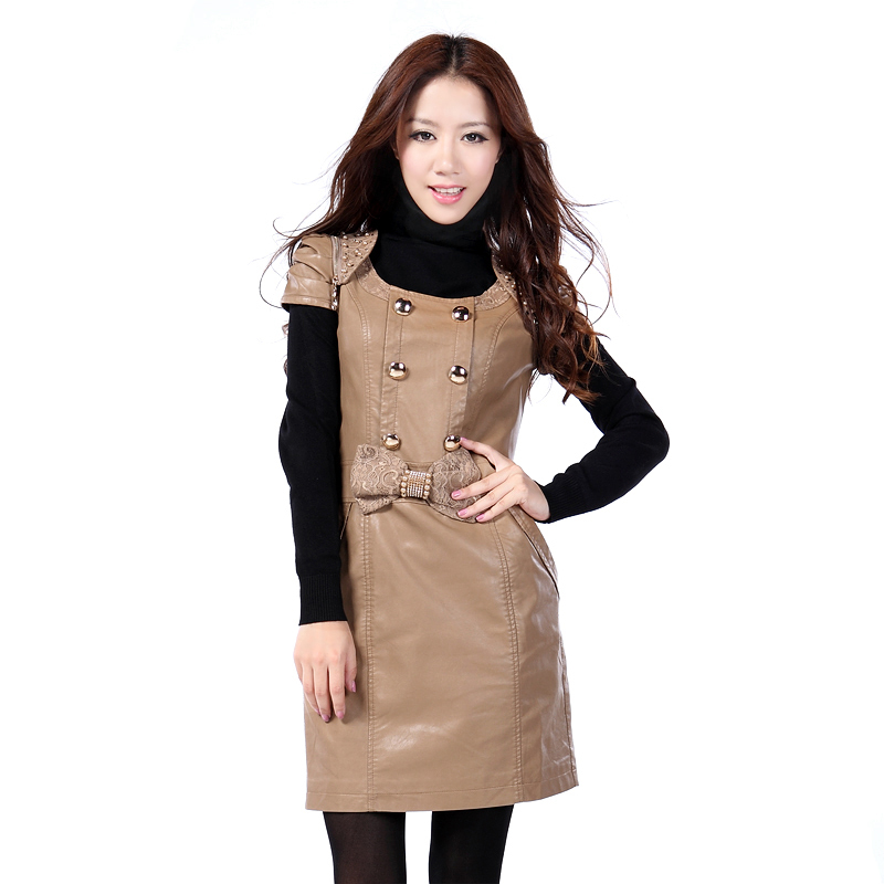 Autumn leather one-piece dress bow thermal leather skirt 20