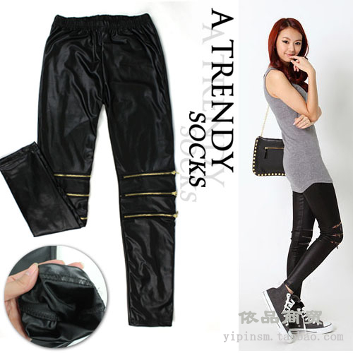 Autumn leg all-match dull faux leather pants knee zipper decoration ankle length trousers pencil pants