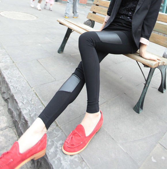 Autumn legging female asymmetrical slim faux leather casual all-match long patchwork design