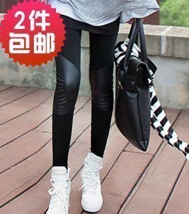 Autumn legging female knee faux leather patchwork plus size lengthen basic trousers female