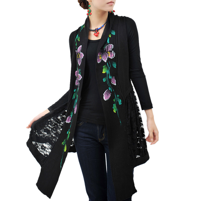 Autumn long design women's knitted slim national trend lace cardigan geometry