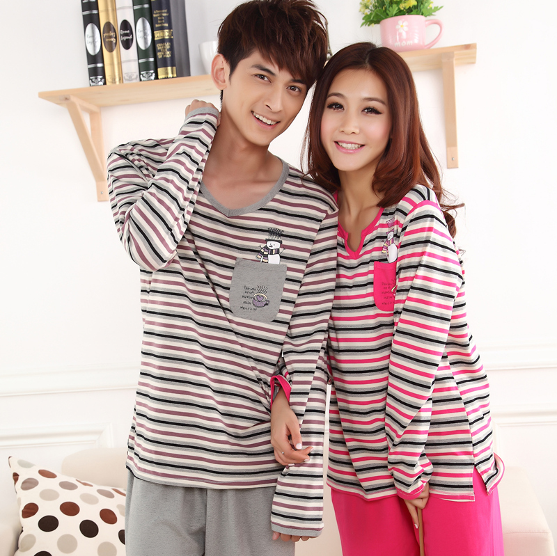 Autumn long-sleeve 100% cotton stripe male women's lovers sleep set lovers lounge