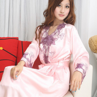 Autumn long-sleeve faux silk sexy women's spaghetti strap robe sleepwear twinset bathrobes