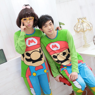 -- Autumn long-sleeve female cartoon lovers sleepwear 100% cotton male women's lounge set