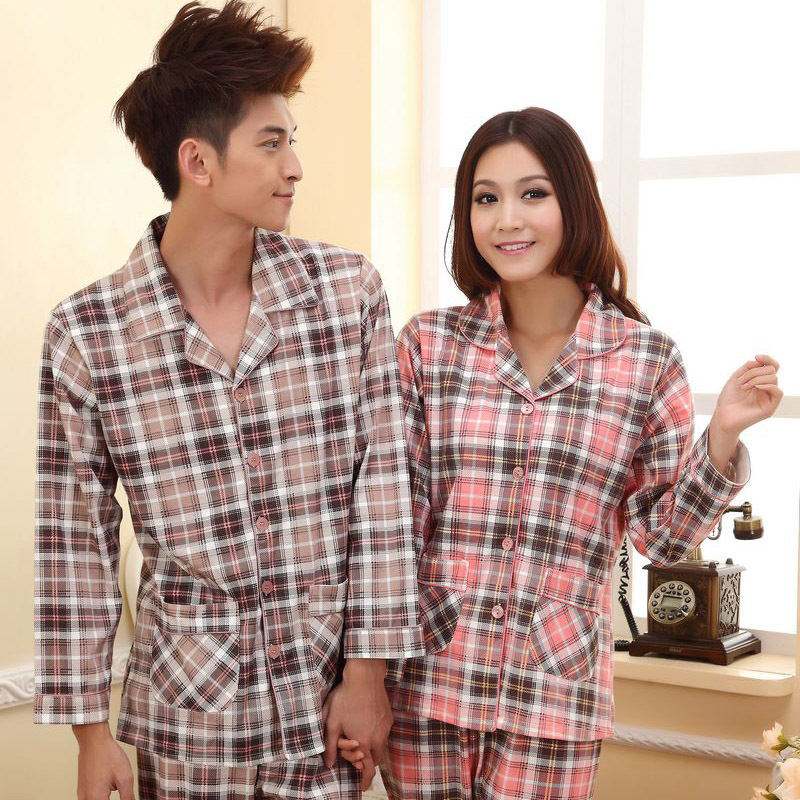 Autumn long-sleeve male women's lovers cotton sleepwear plaid lovers lounge quinquagenarian sleepwear