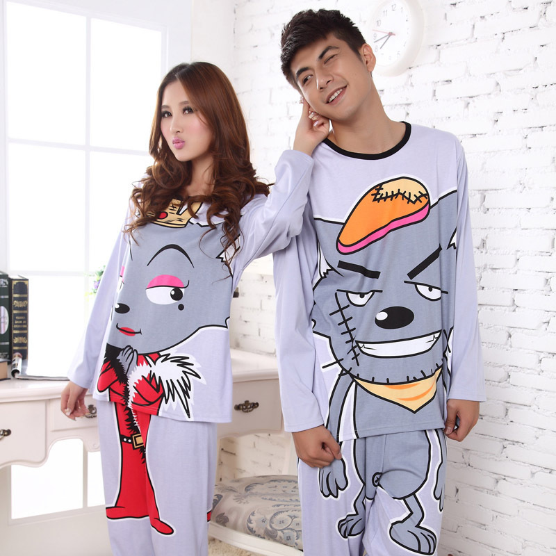 Autumn long-sleeve sleepwear cartoon male female red wolf lovers 100% cotton lounge set