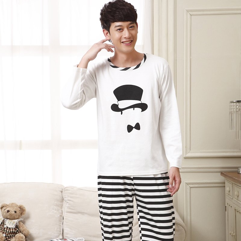 Autumn male long-sleeve knitted cotton sleepwear brief stripe lovers sleep set lounge