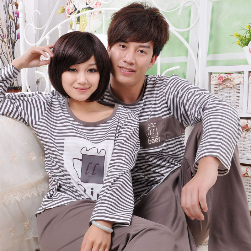 Autumn male women's classic stripe casual lounge lovers knitted cotton sleep set