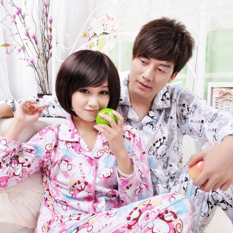 Autumn male women's lovely sleepwear lovers knitted cotton lounge set