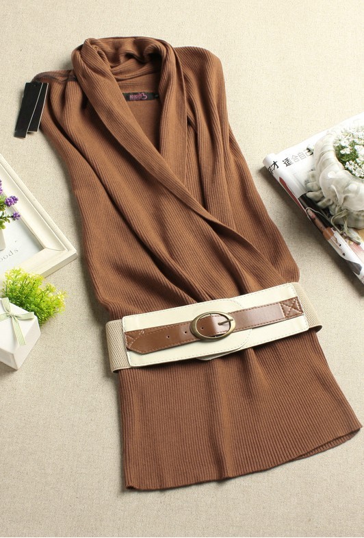 Autumn medium-long placketing V-neck slim knitted sleeveless pullover sweater one-piece dress with belt