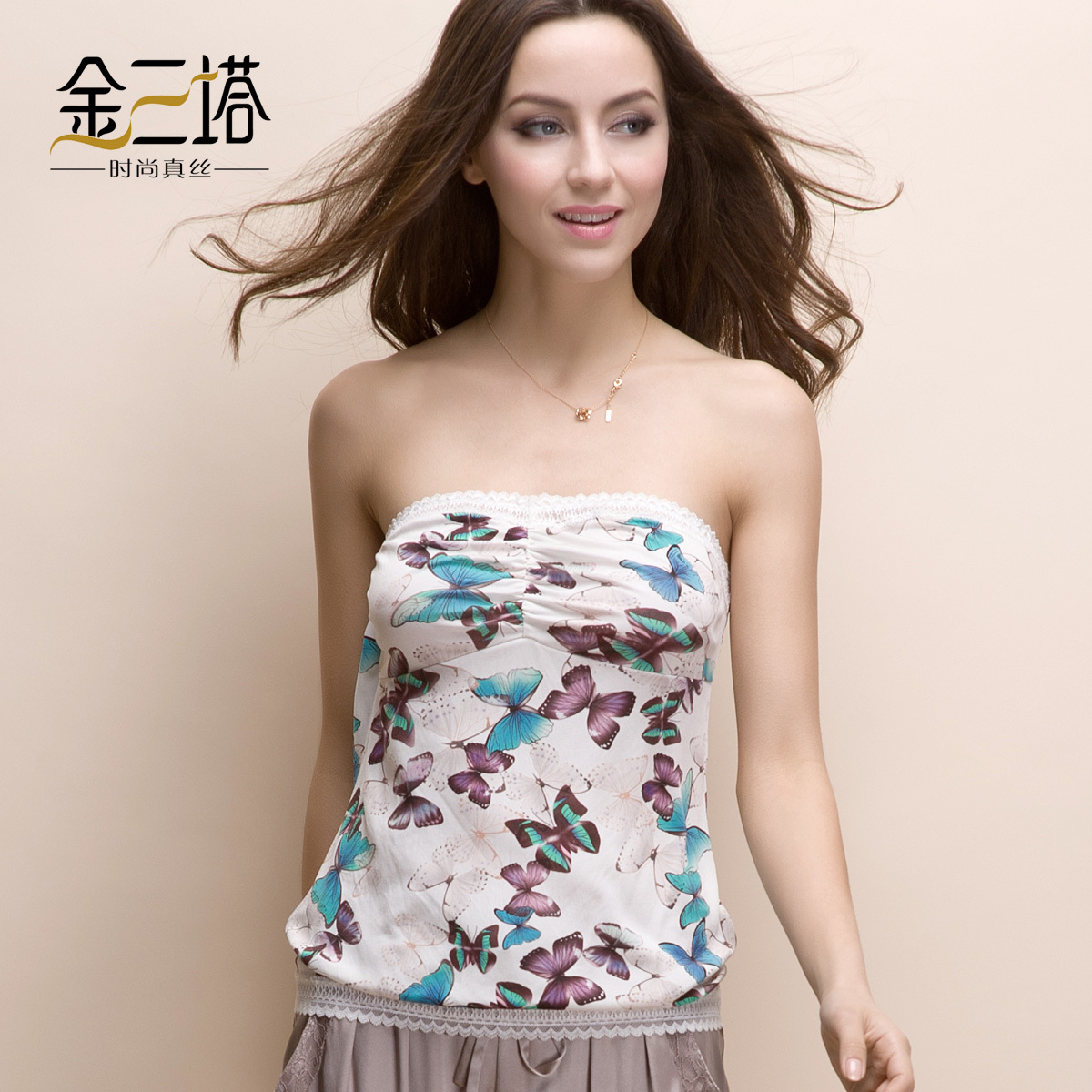 Autumn mulberry silk long design tube top silk underwear female butterfly print tube top around the chest