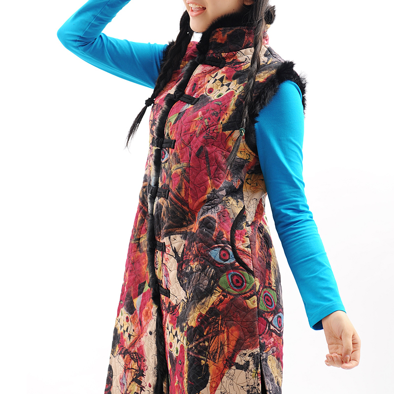 Autumn national trend slim print long design clip cotton vest free shipping