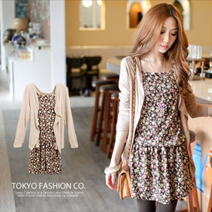 Autumn new arrival 2012 autumn women's long-sleeve cardigan coat floral print spaghetti strap twinset one-piece dress