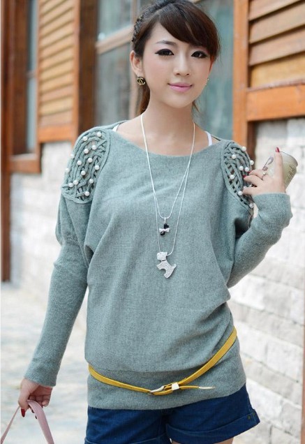 Autumn new arrival 2012 elegant pearl beading long-sleeve sweater female plus size loose knitted