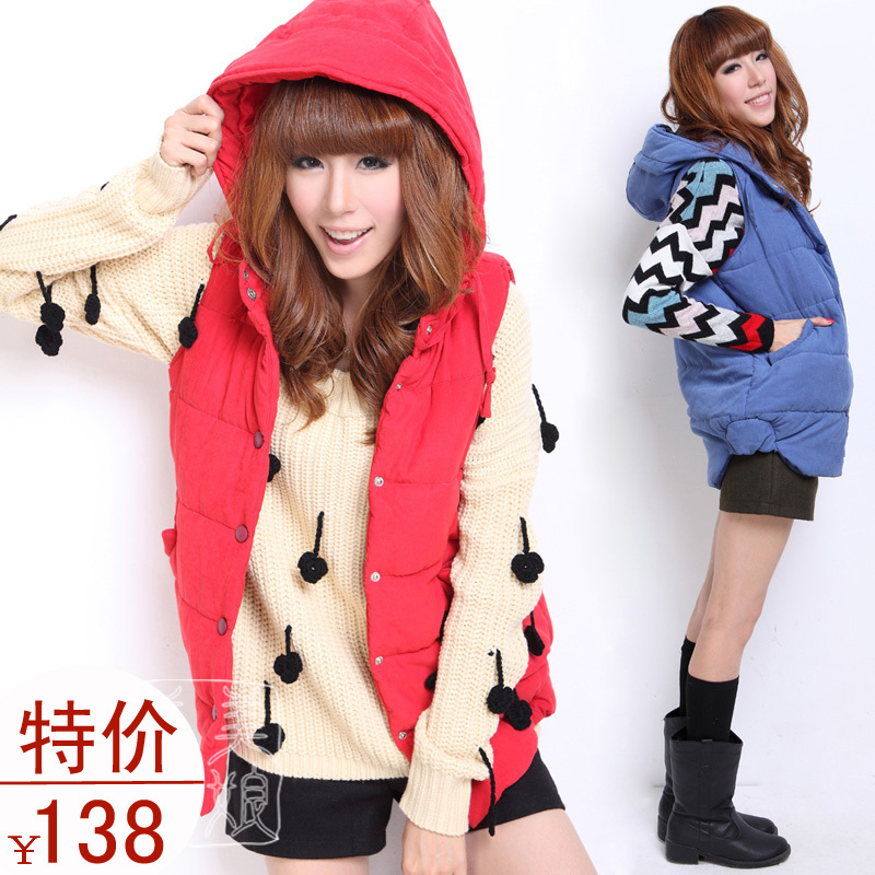 Autumn new arrival 2012 fashion casual loose cotton vest Women autumn and winter with a hood vest wadded jacket outerwear