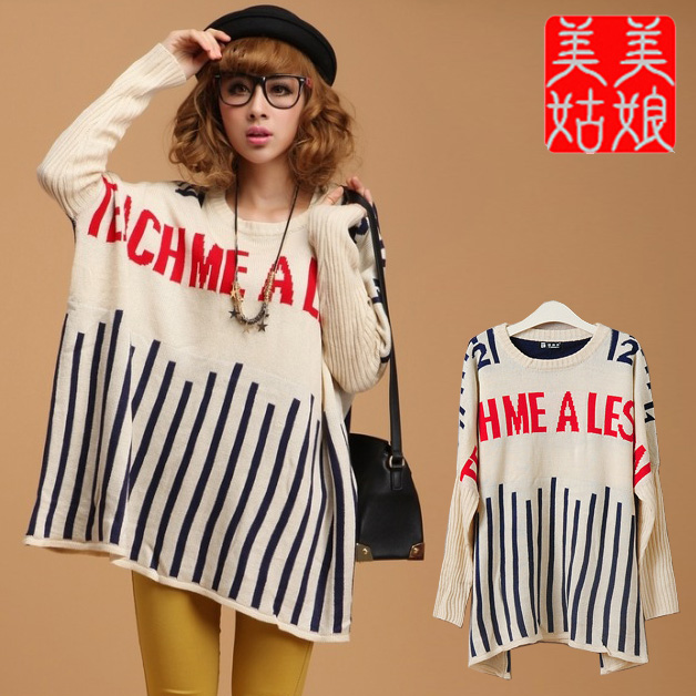 Autumn new arrival 2012 letter batwing sleeve loose sweater stripe sweater plus size women batwing shirt