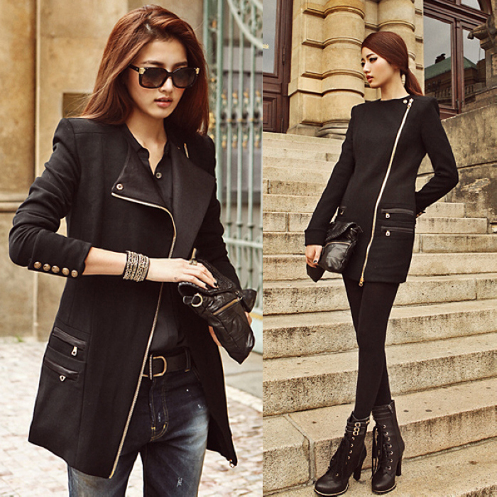 Autumn new arrival 2012 two ways senior wool woven leather oblique zipper handsome trench female outerwear