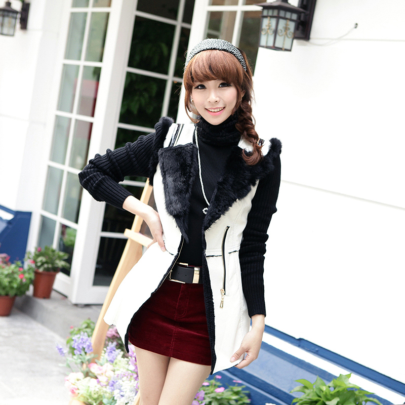 Autumn new arrival 2012 women leather clothing fashion slim knitted patchwork outerwear medium-long trench leather clothing x