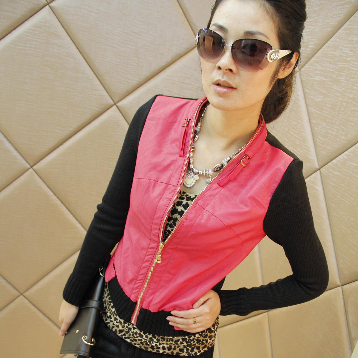 Autumn new arrival 2012 women's patchwork yarn single PU outerwear fashion elegant