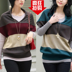 Autumn new arrival 2012 woven vest female stripe basic sweater V-neck plus size