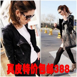 Autumn new arrival 2012cocofas sheepskin motorcycle o-neck slim short design women's genuine leather clothing