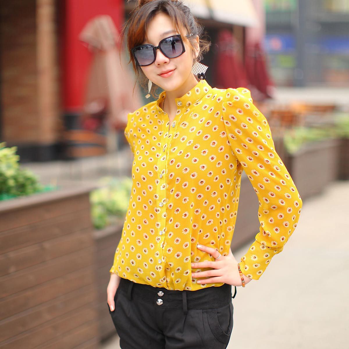 Autumn new arrival 2013 elegant fashion stand collar puff sleeve Women long-sleeve shirt top 012