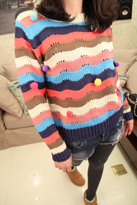 Autumn new arrival 2013 wave multicolour stripe stereo plush ball colorant match cutout sweater