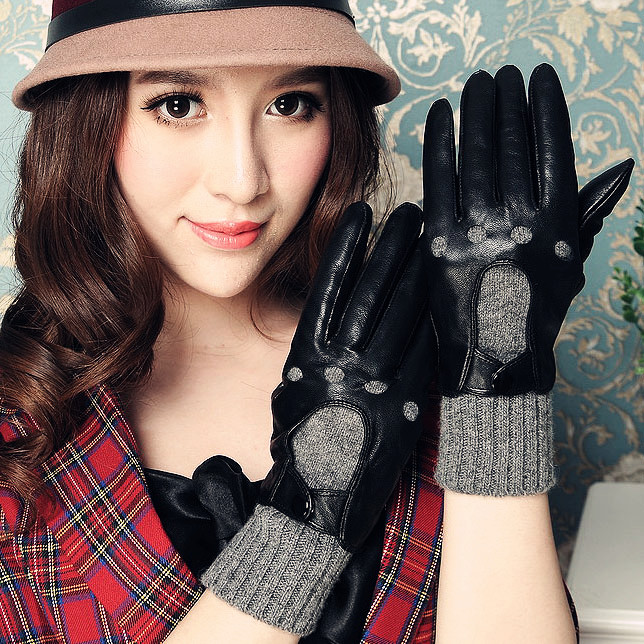 Autumn new arrival double layer sheepskin gloves genuine leather wool  leather finger  female