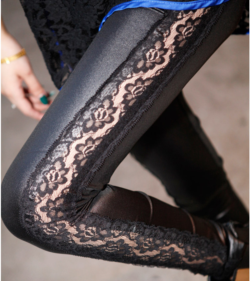 Autumn new arrival elastic lace patchwork faux leather black tight legging skinny pants female ankle length trousers