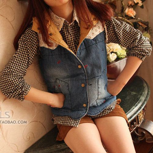 Autumn new arrival embroidery anchor cutout crochet denim reversible with a hood cotton vest cotton vest female