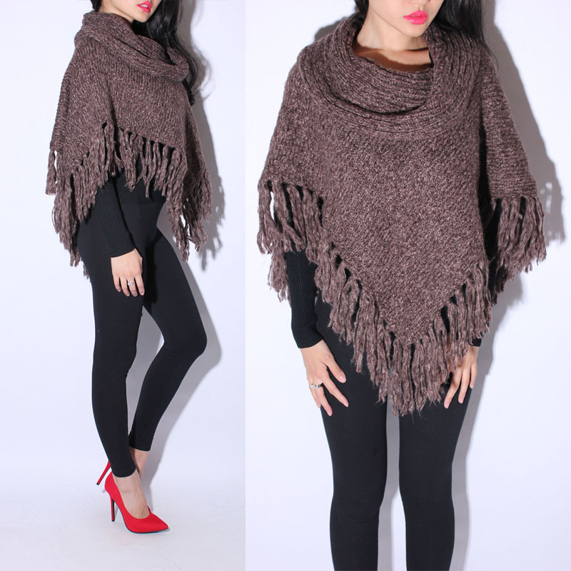 Autumn new arrival fashion brown mix heap turtleneck irregular sweep tassel sweater cape outerwear