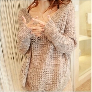 Autumn new arrival fashion loose long-sleeve cutout V-neck pullover knitted sweater female plus size outerwear