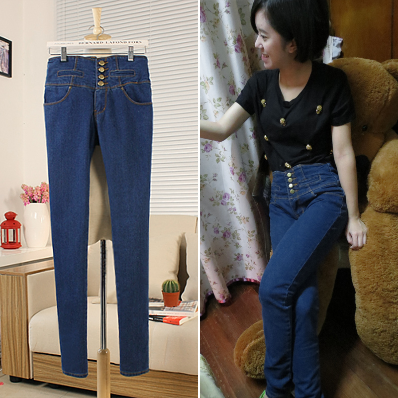 Autumn new arrival fashion vintage high waist denim skinny pants pencil pants slim single breasted 3155