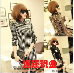 Autumn new arrival  houndstooth slim faux leather turn-down collar long-sleeve slim hip sexy basic winter one-piece dress