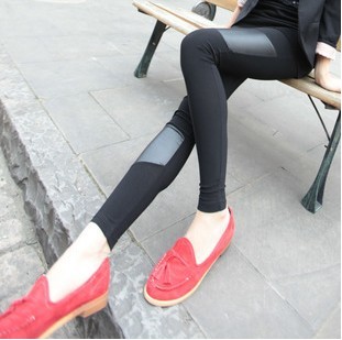 Autumn new arrival irregular cool faux leather patchwork thin legging pants female