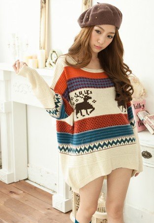 Autumn New Arrival Light Colors Korean Loose Round Collar Deer Printed Sweater