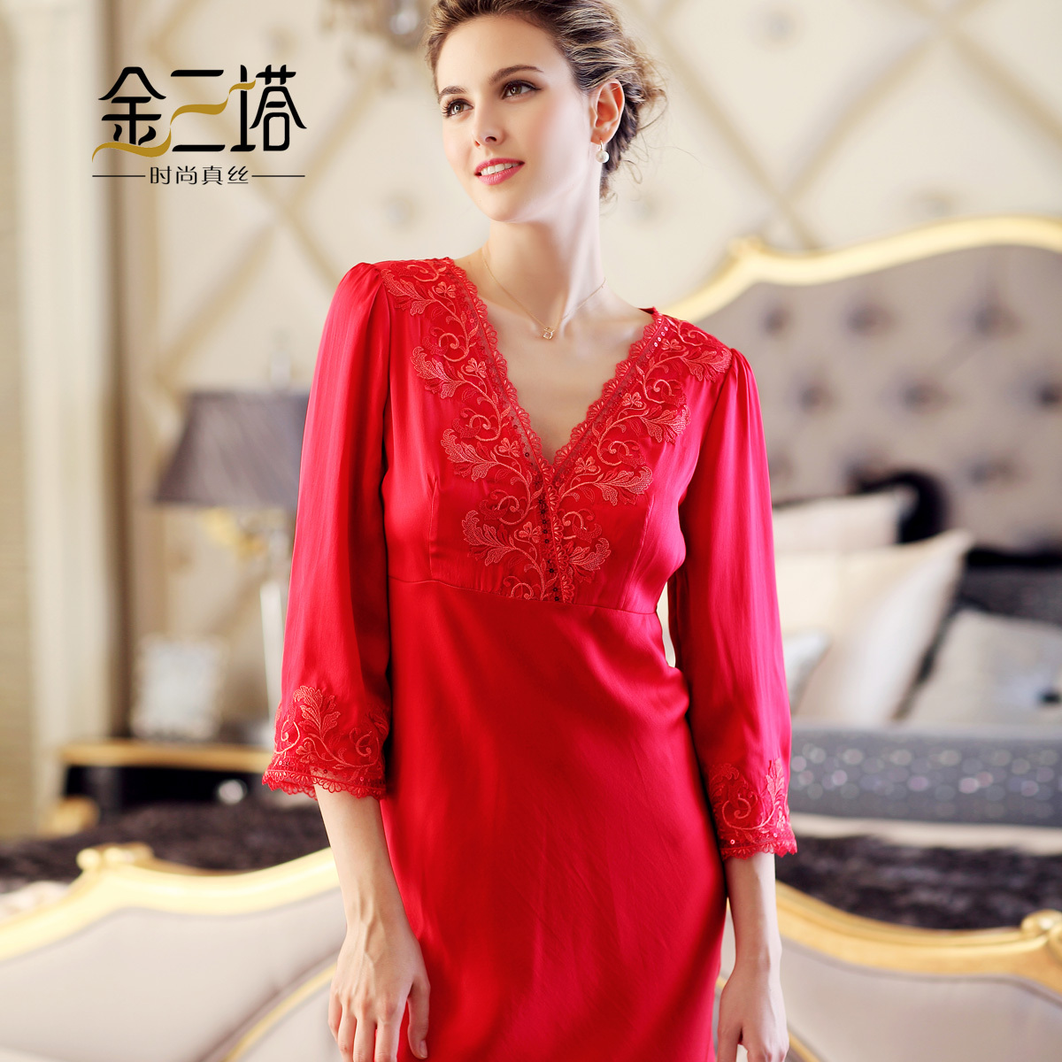 Autumn new arrival mulberry silk female silk lace three quarter sleeve one-piece dress